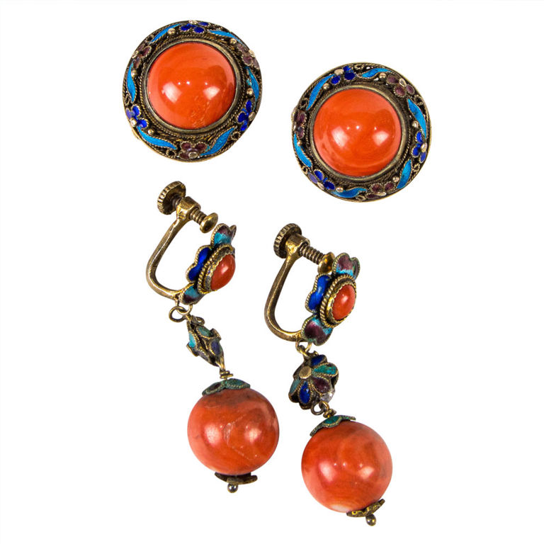 Silver, Enamel and Coral Ear Clips