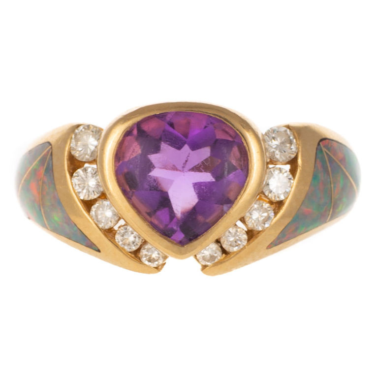 14k Yellow Gold Amethyst, Diamond and Opal Ring