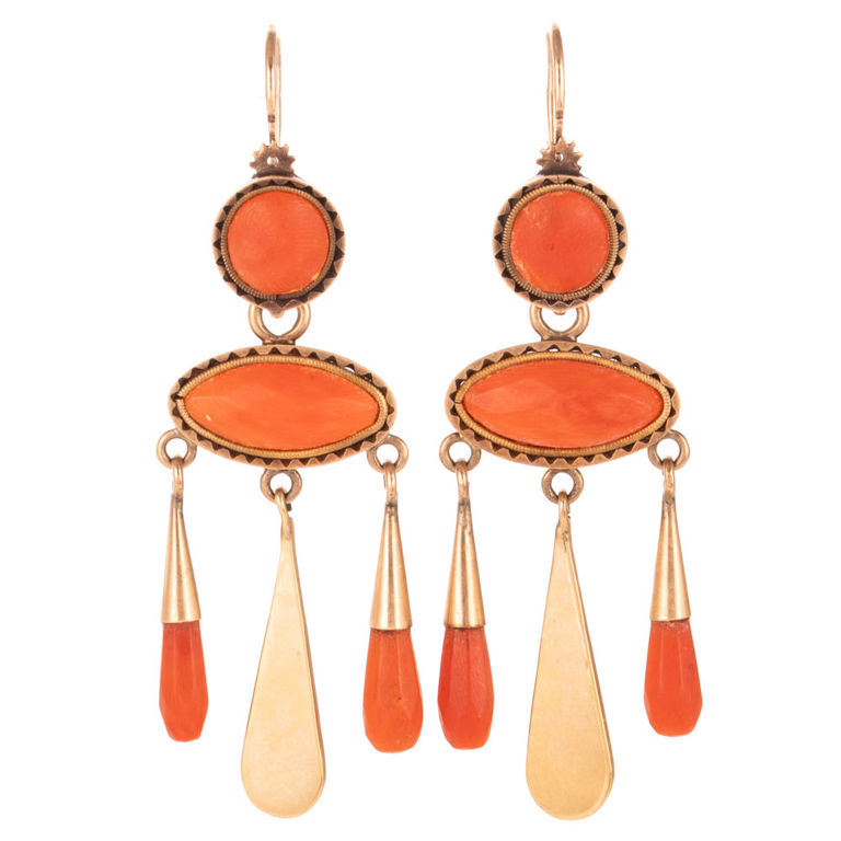 14k Yellow Gold Coral and Enamel Dangle Earrings