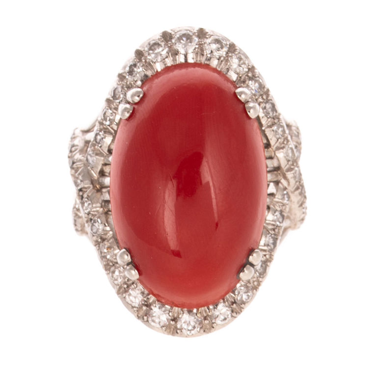 Platinum Coral and Diamond Halo Ring