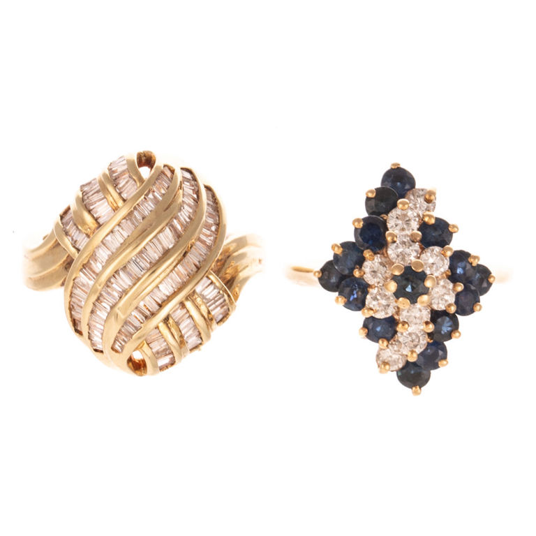 Two 14k Yellow Gold Diamond and Sapphire Rings