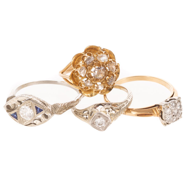 Four Vintage 14k and 18k Gold Diamond Rings