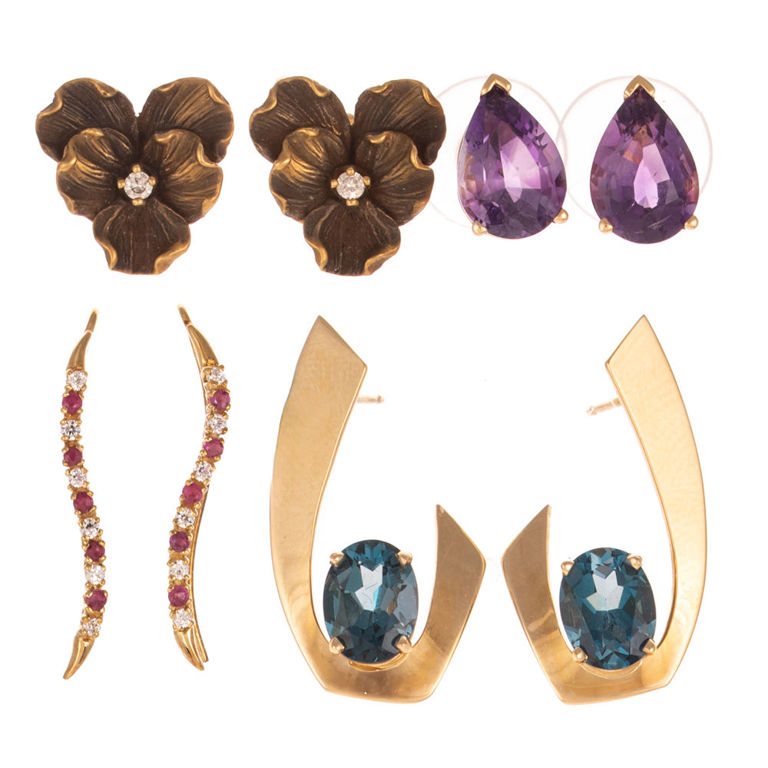 Four Pairs of 14k Gold Gemstone Earrings