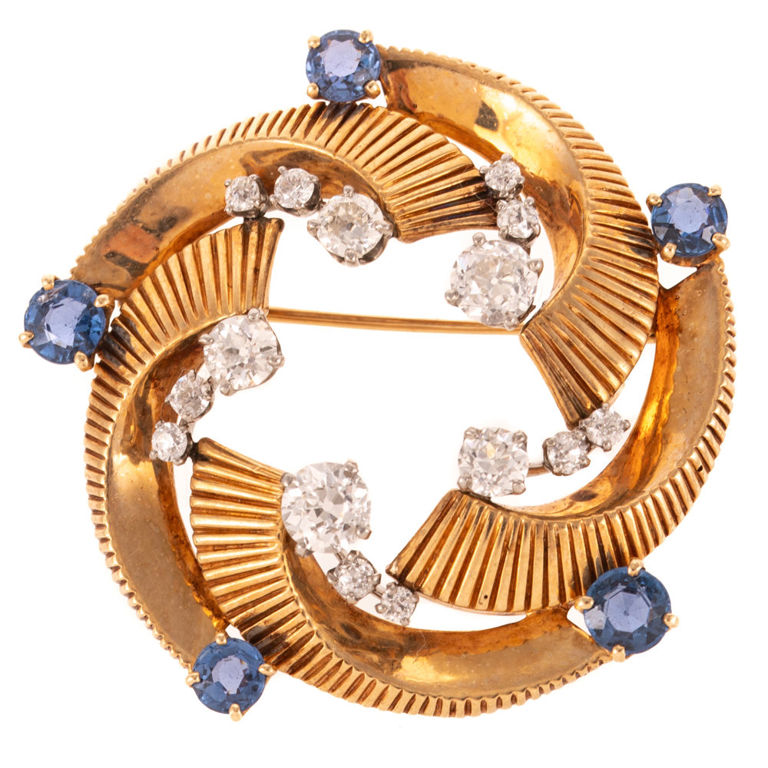 14k Gold Diamond and Sapphire Pinwheel Brooch