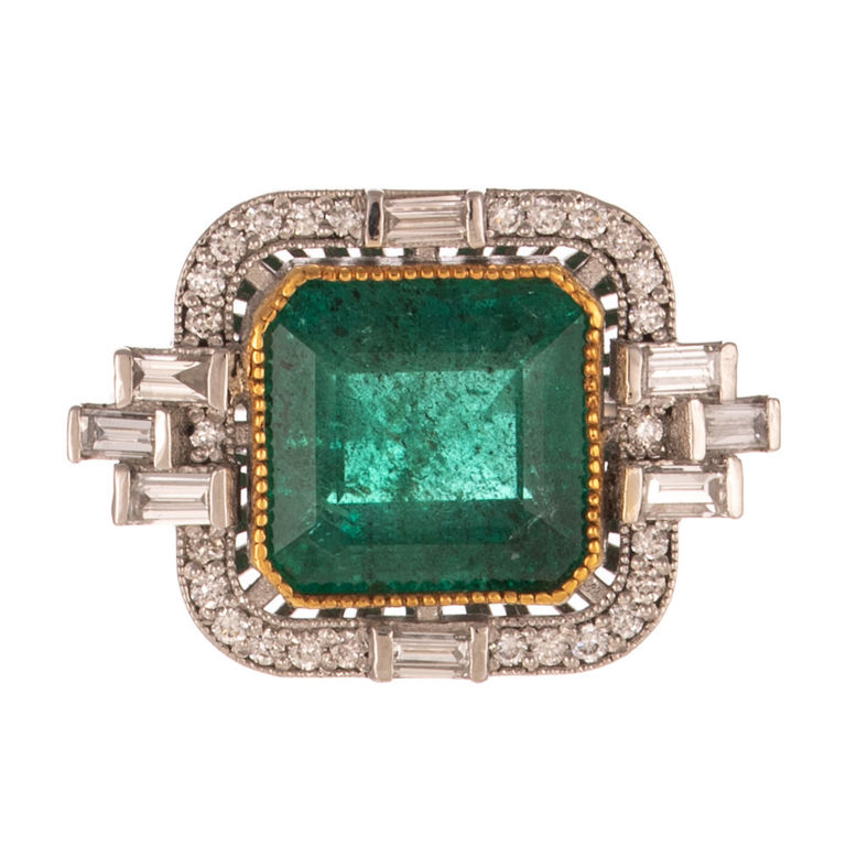 Platinum and 18k Gold Emerald and Diamond Ring