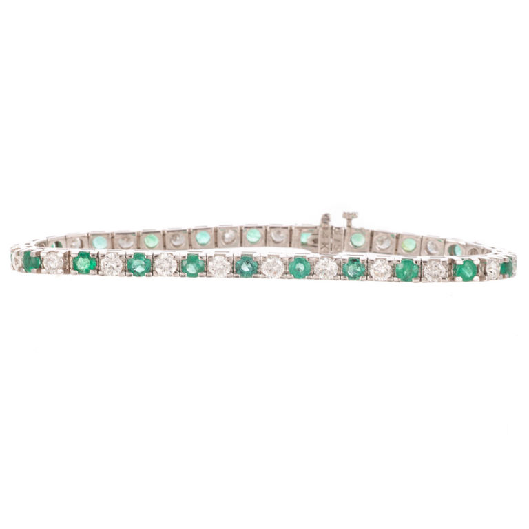 14k White Gold Emerald and Diamond Line Bracelet