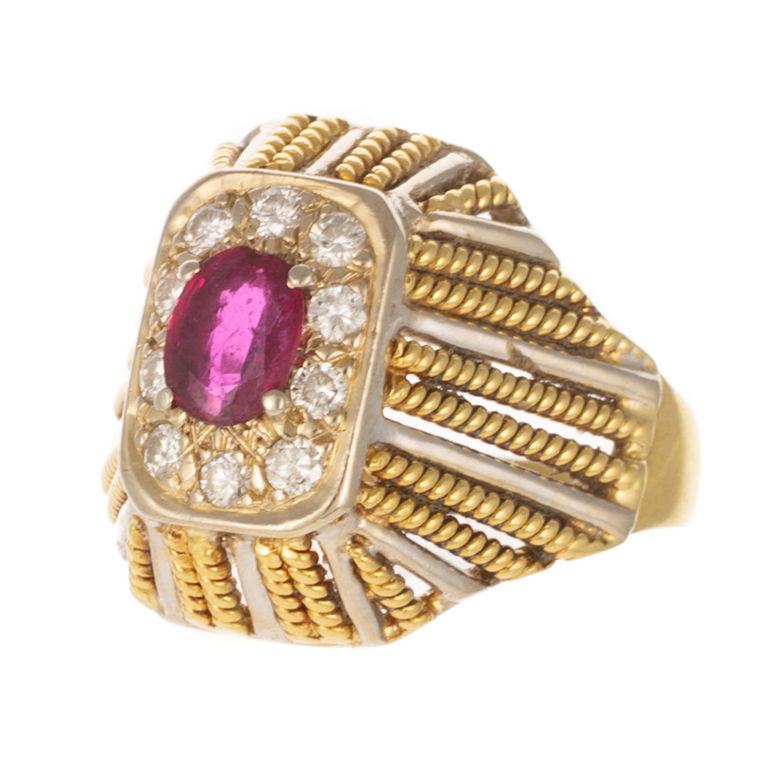 18k Bi-Color Gold Ruby and Diamond Dome Ring