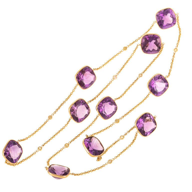 18k Gold Amethyst and Diamond Chain Necklace