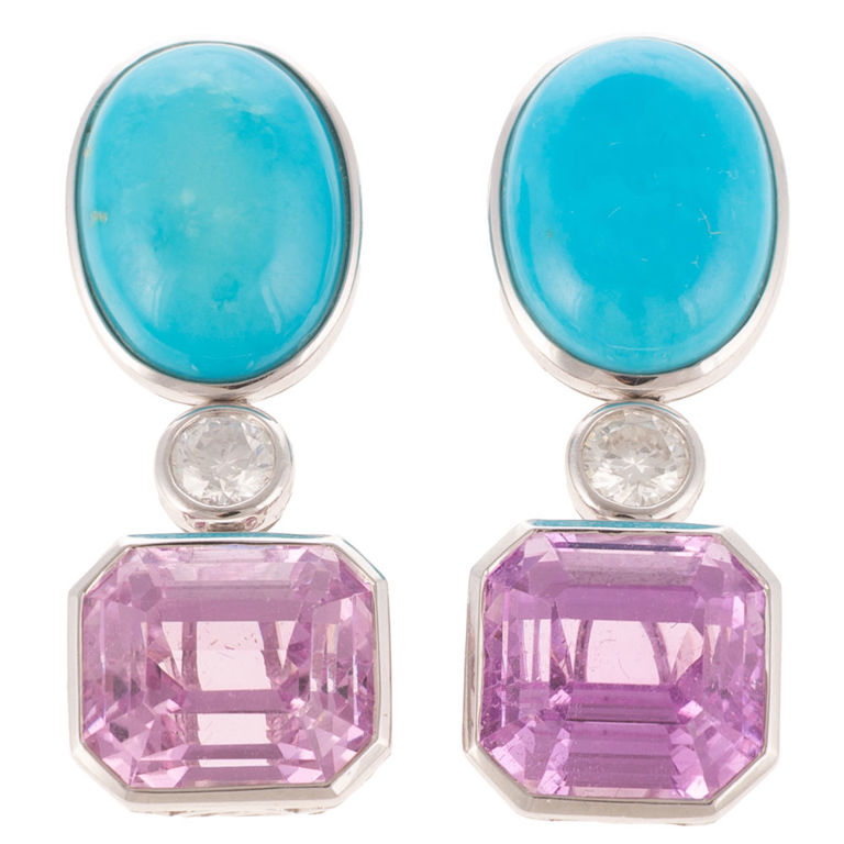 14k Gold Turquoise, Diamond and Kunzite Earrings