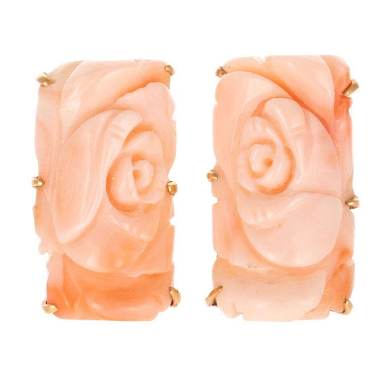 14k Yellow Gold Carved Coral Earrings