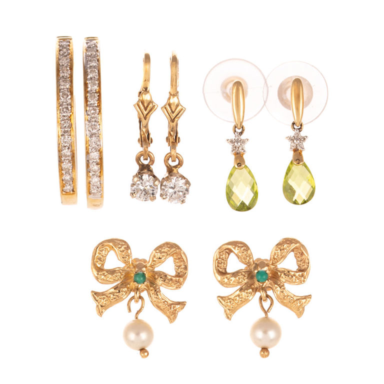 Four Pairs of 14k Yellow Gold Gemstone Earrings