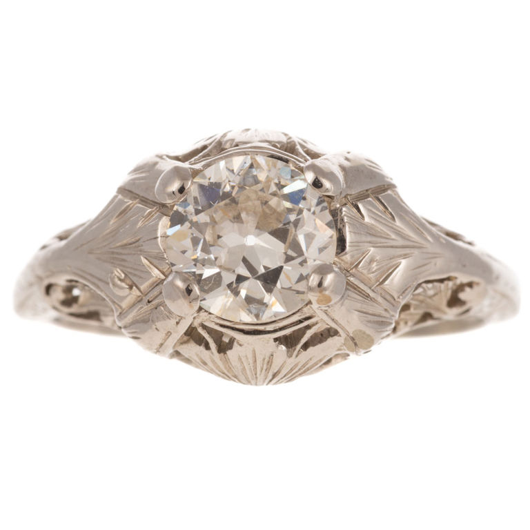 18k White Gold Diamond Solitaire Filigree Ring