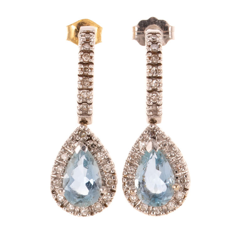 14k Gold Aquamarine and Diamond Dangle Earrings