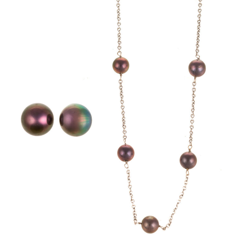 18k and 14k Gold Pearl Necklace and Stud Earrings