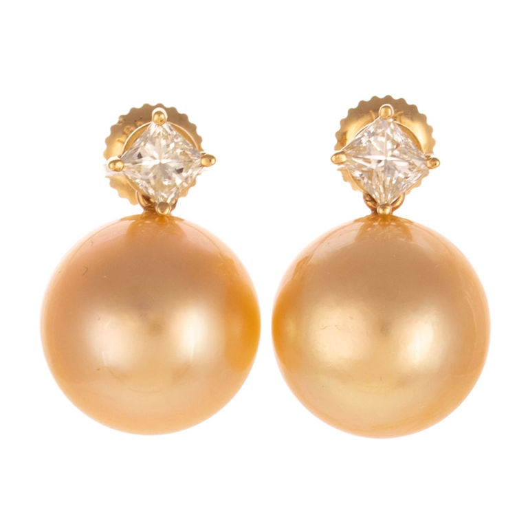 18k Yellow Gold Pearl and Diamond Earrings