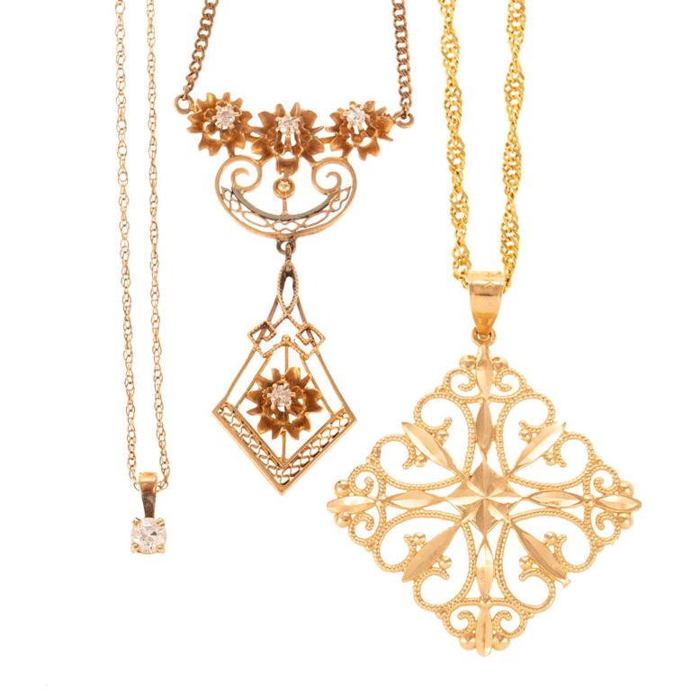 Three 14k Yellow Gold Pendant Necklaces