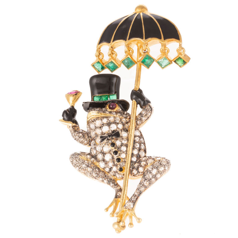 Vermeil Diamond, Emerald and Ruby Frog Brooch