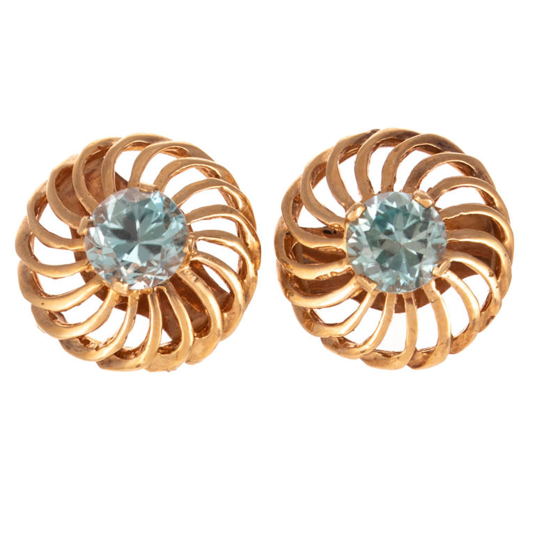 14k Yellow Gold Blue Topaz Pinwheel Earrings