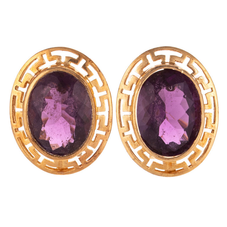 14k Yellow Gold Amethyst Greek Key Earrings