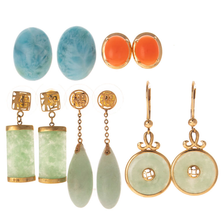 Five Pairs of 14k and 18k Gold Gemstone Earrings