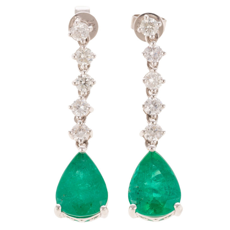 14k White Gold Emerald and Diamond Dangle Earrings