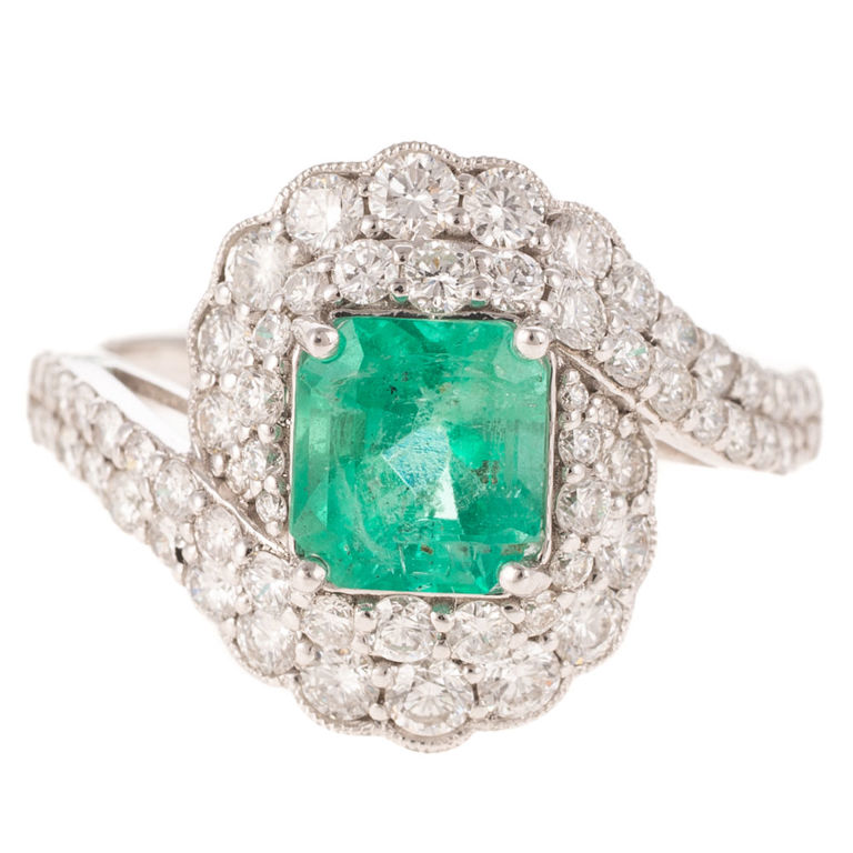 Platinum Emerald and Diamond Halo Bypass Ring