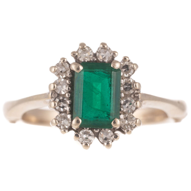 14k White Gold Emerald and Diamond Halo Ring