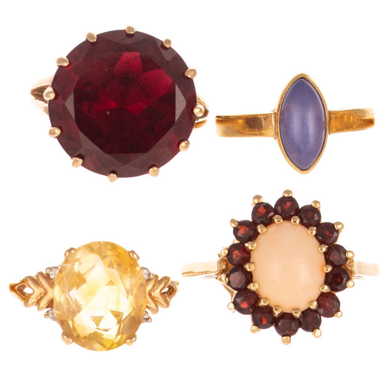Four 18k, 14k and 10k Gold Gemstone Rings