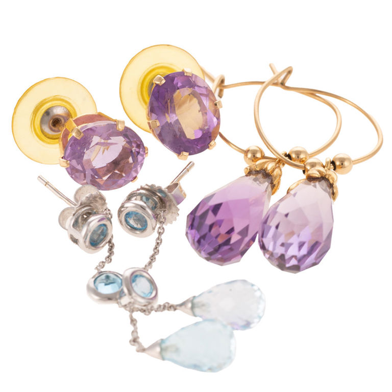 Three Pairs of 18k and 14k Gold Gemstone Earrings