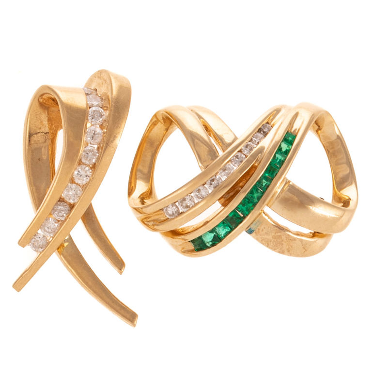 Two 14k Gold Emerald and Diamond Slide Pendants