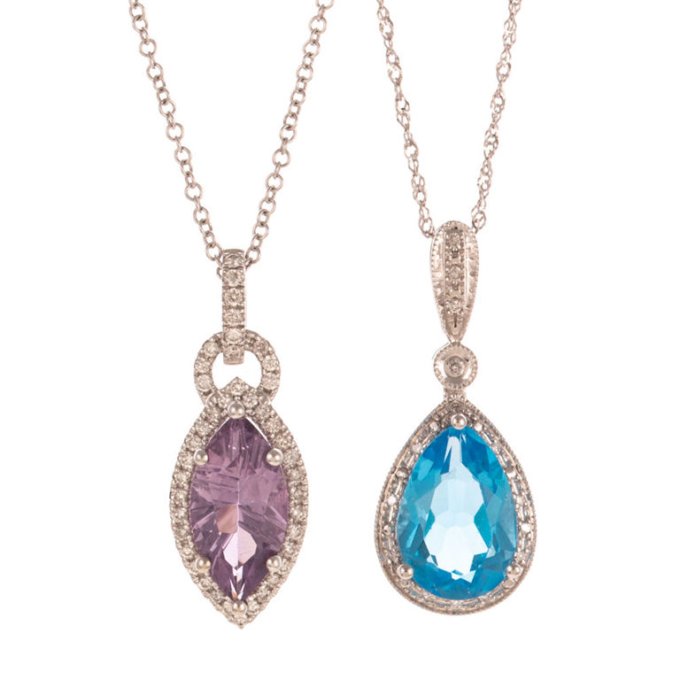 Two 14k White Gold Gemstone Pendant Necklaces
