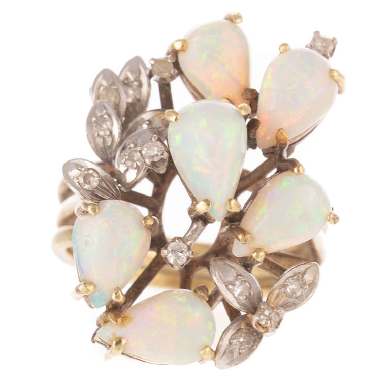 14k Bi-Color Gold Opal and Diamond Cluster Ring
