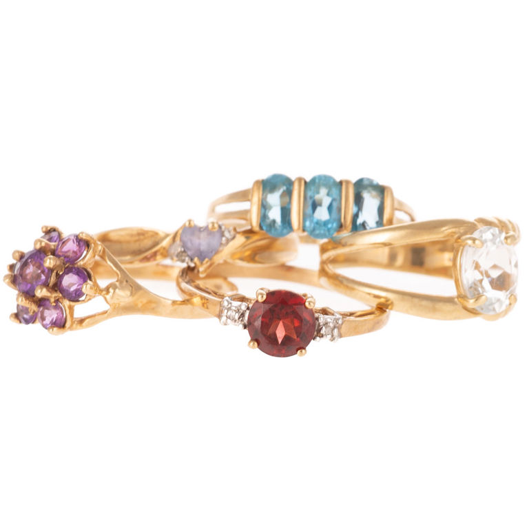 Five 10k Yellow Gold Gemstone Rings