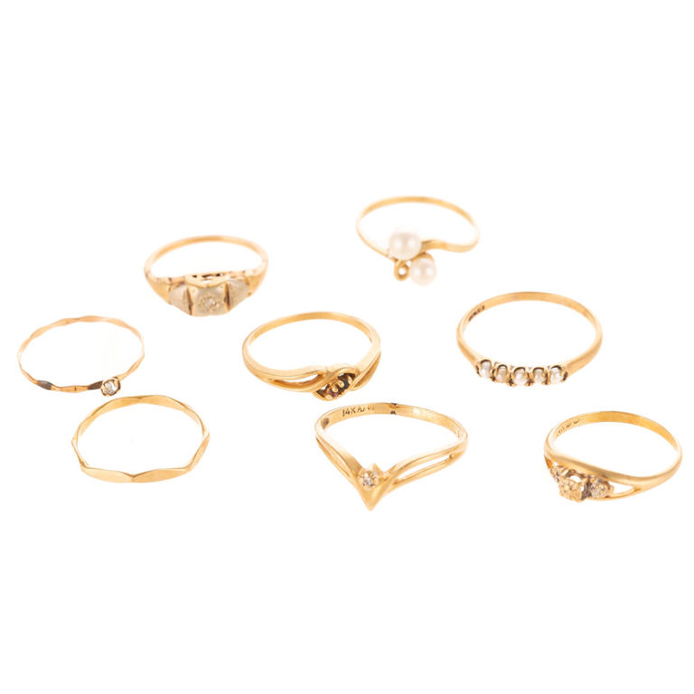 Eight 14k Yellow Gold Diamond and Pearl Rings