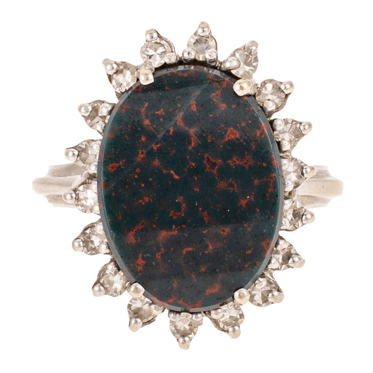 14k White Gold Bloodstone and Diamond Halo Ring
