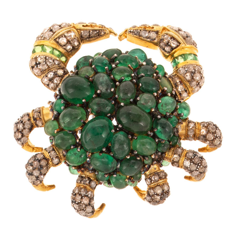 Vermeil Emerald and Diamond Crab Brooch/Pendant