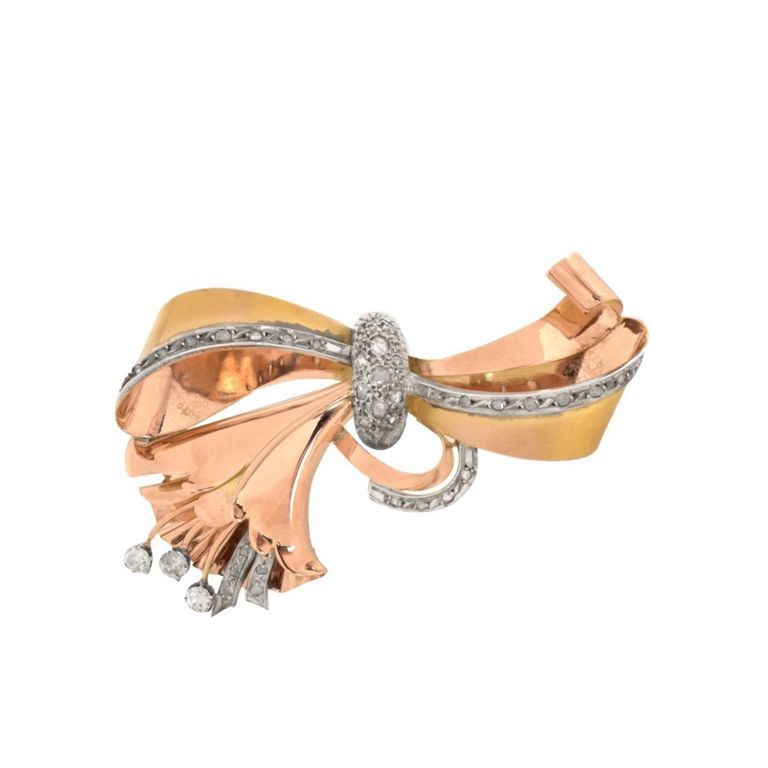 14k Tri-Color Gold Diamond Bow Brooch