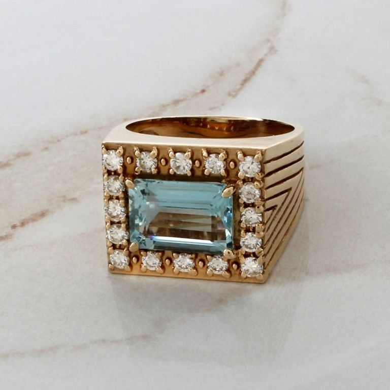 14k Yellow Gold Aquamarine and Diamond Ring