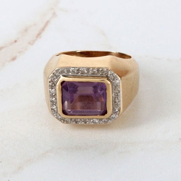 14k Yellow Gold Amethyst and Diamond Ring
