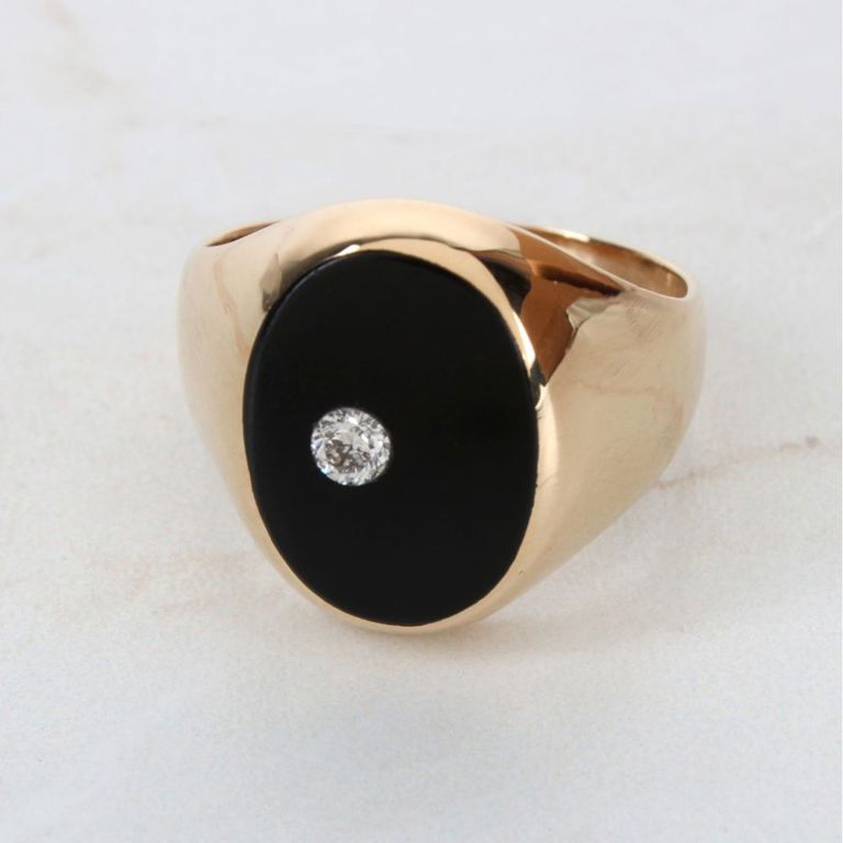 14k Yellow Gold Black Onyx and Diamond Ring