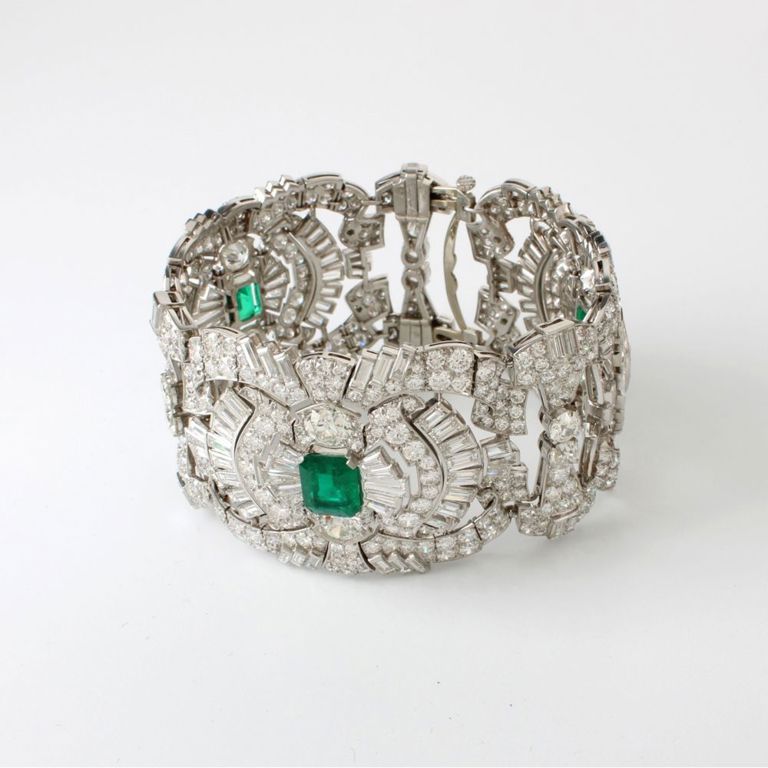 Platinum Diamond and Emerald Bracelet