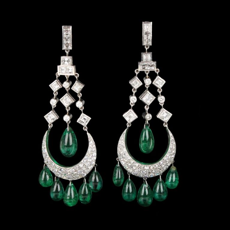 Platinum Emerald and Diamond Chandelier Earrings