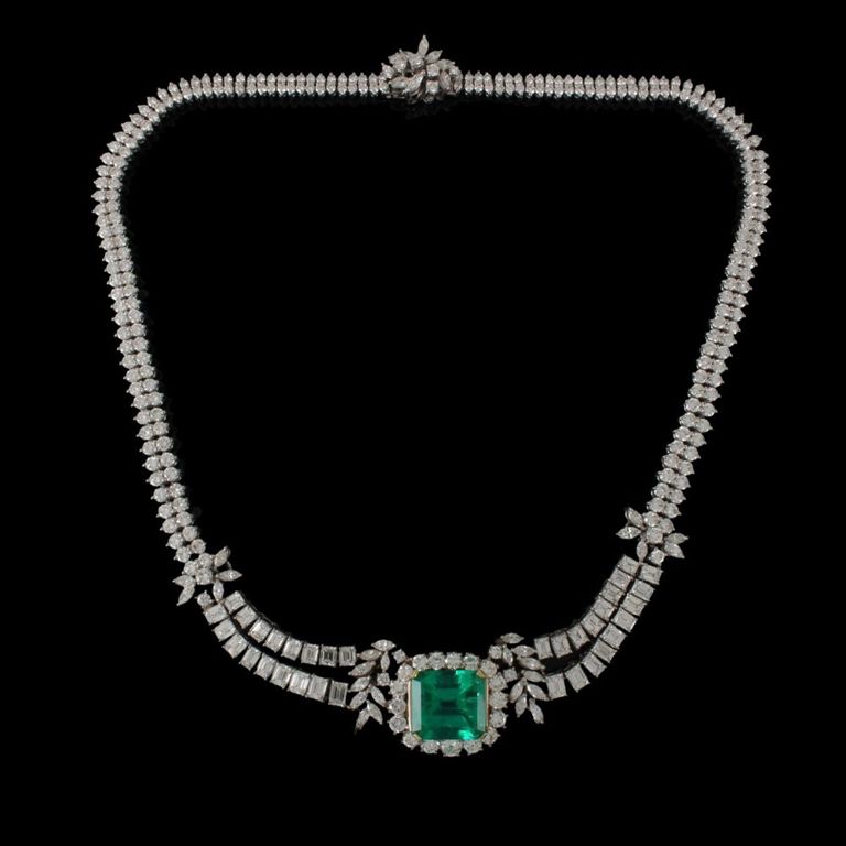 Platinum Emerald and Diamond Necklace
