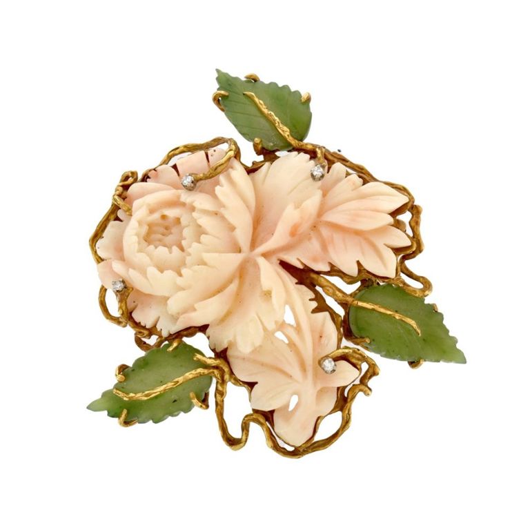 18k Yellow Gold Coral, Jade and Diamond Brooch
