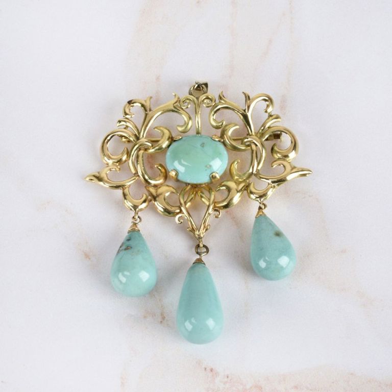 14k Yellow Gold Turquoise Brooch/Pendant