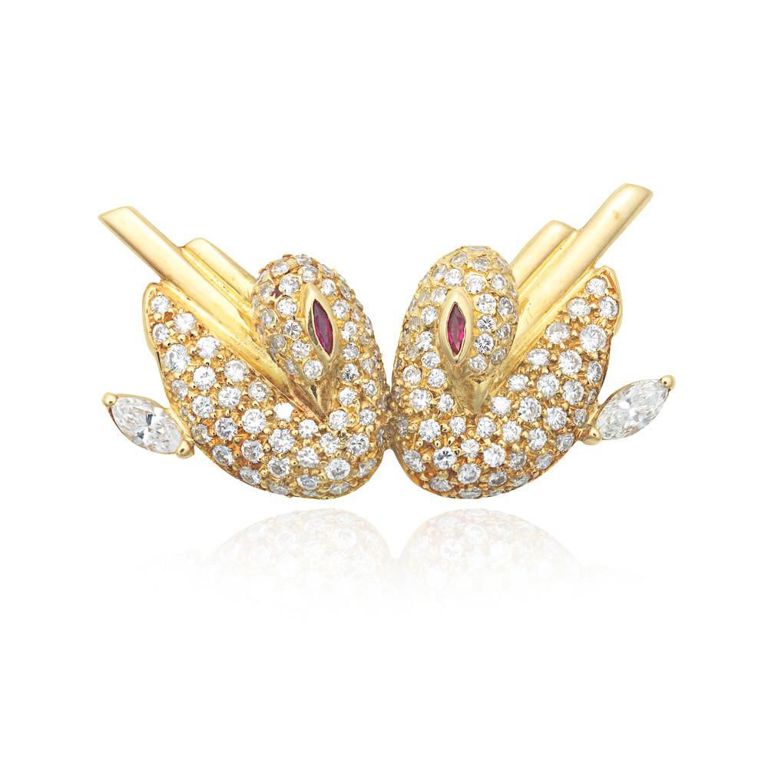 18k Gold Diamond and Ruby Brooch