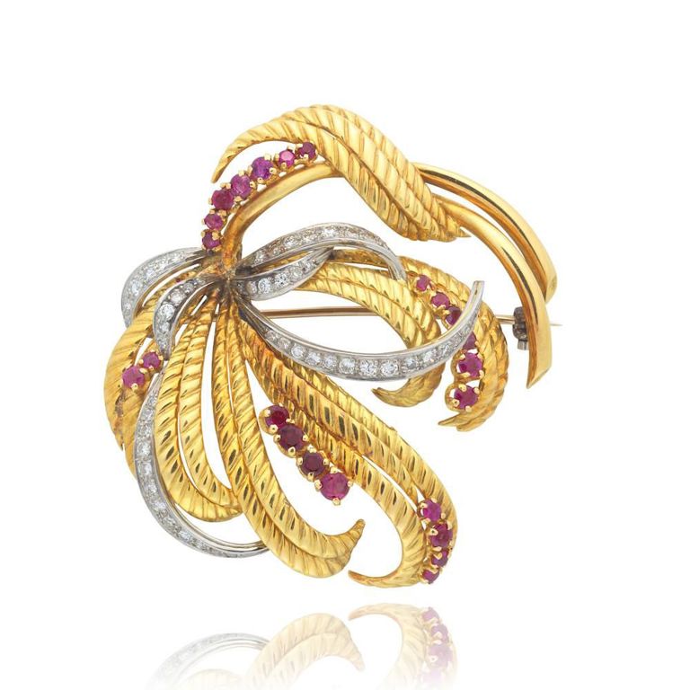 18k Gold Diamond and Ruby Brooch