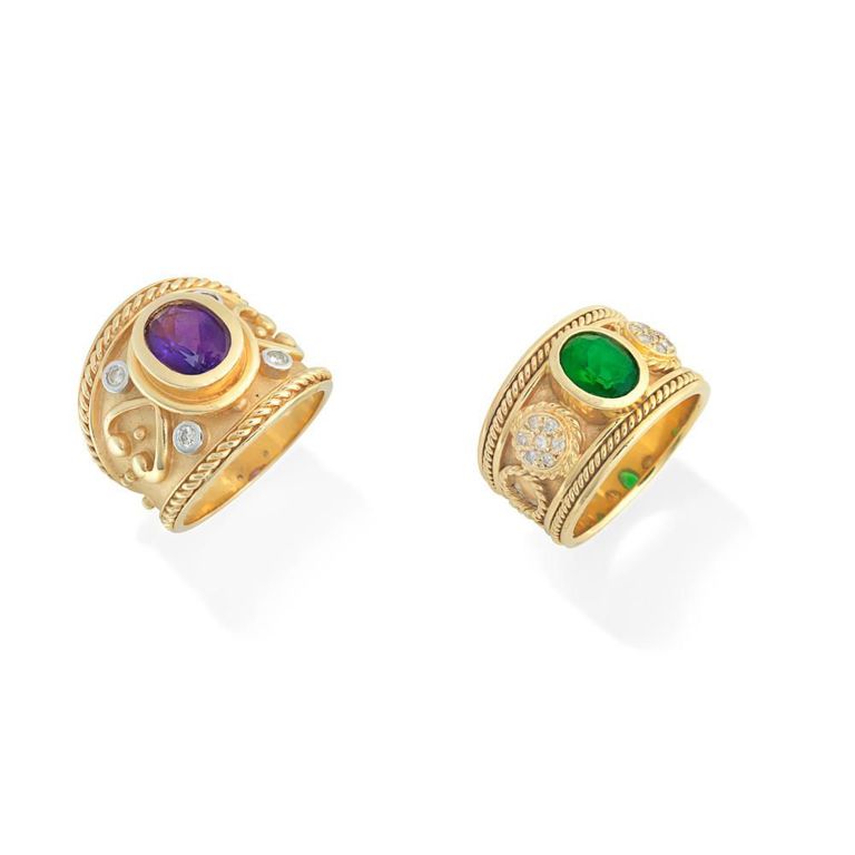 Pair of 18k Gold Diamond, Amethyst and Paste Rings