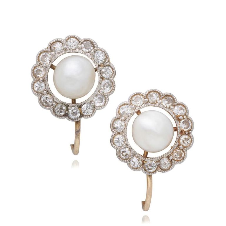 Pair of 11k Gold Pearl and Diamond Earrings