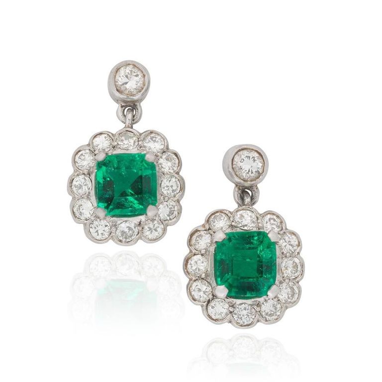 Pair of Gold Emerald and Diamond Earrings